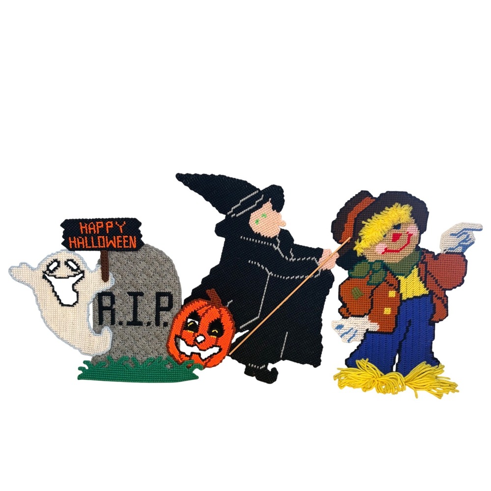 VTG Handmade Yarn Needlepoint Witch Ghost Scarecrow Tombstone Wall Hanging Decor - Picture 1 of 12